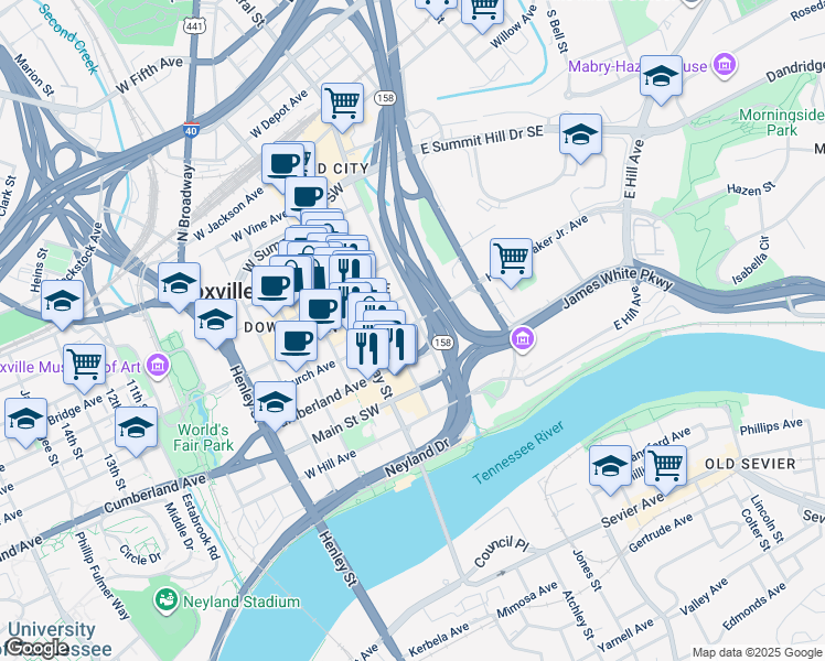 map of restaurants, bars, coffee shops, grocery stores, and more near 179-199 West Church Avenue in Knoxville