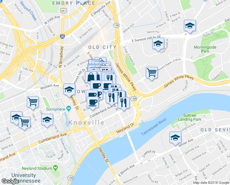 map of restaurants, bars, coffee shops, grocery stores, and more near 179-199 West Church Avenue in Knoxville