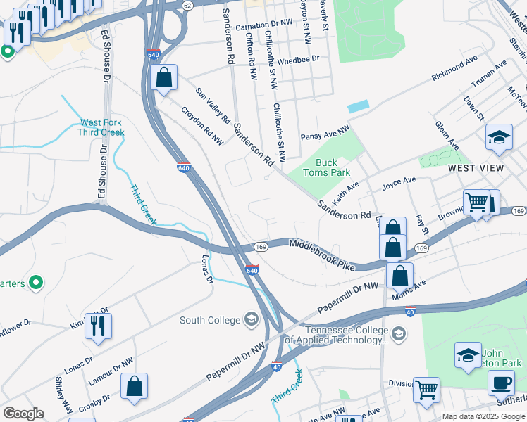 map of restaurants, bars, coffee shops, grocery stores, and more near 3807 Middlebrook Pike in Knoxville