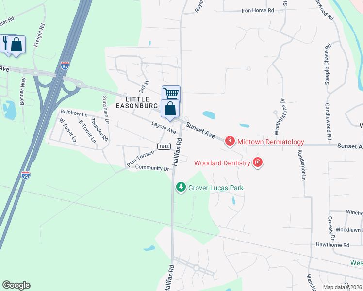 map of restaurants, bars, coffee shops, grocery stores, and more near 221 Halifax Road in Rocky Mount