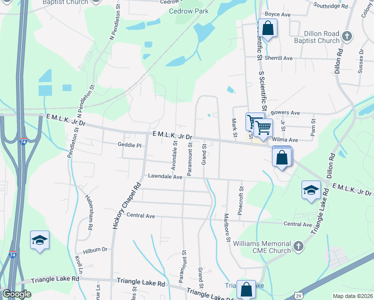 map of restaurants, bars, coffee shops, grocery stores, and more near 208 Paramount Street in High Point