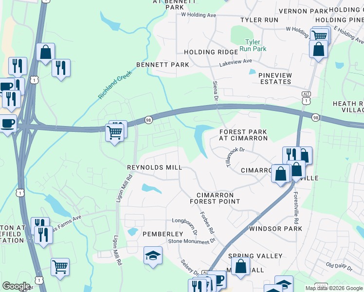 map of restaurants, bars, coffee shops, grocery stores, and more near 408 Forbes Road in Wake Forest