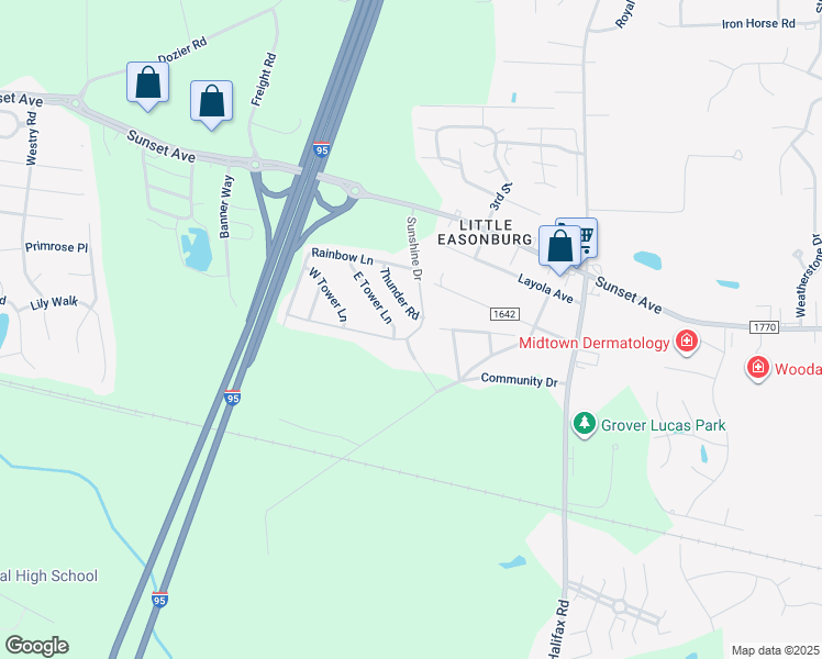 map of restaurants, bars, coffee shops, grocery stores, and more near 201-299 E Tower Ln in Rocky Mt