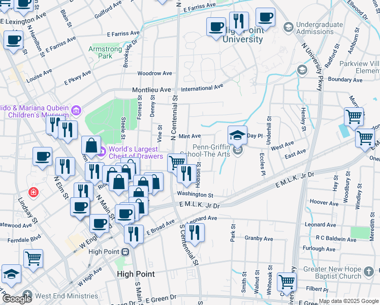 map of restaurants, bars, coffee shops, grocery stores, and more near 316 4th Street in High Point