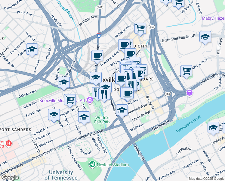 map of restaurants, bars, coffee shops, grocery stores, and more near 415 Locust Street in Knoxville