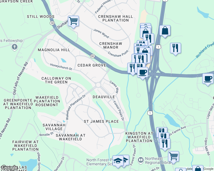 map of restaurants, bars, coffee shops, grocery stores, and more near 3505 Archdale Drive in Raleigh