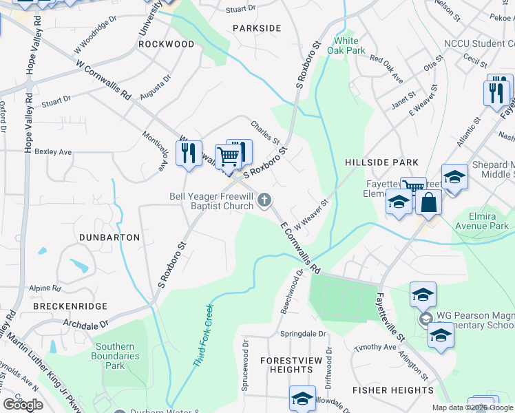 map of restaurants, bars, coffee shops, grocery stores, and more near 120 East Cornwallis Road in Durham