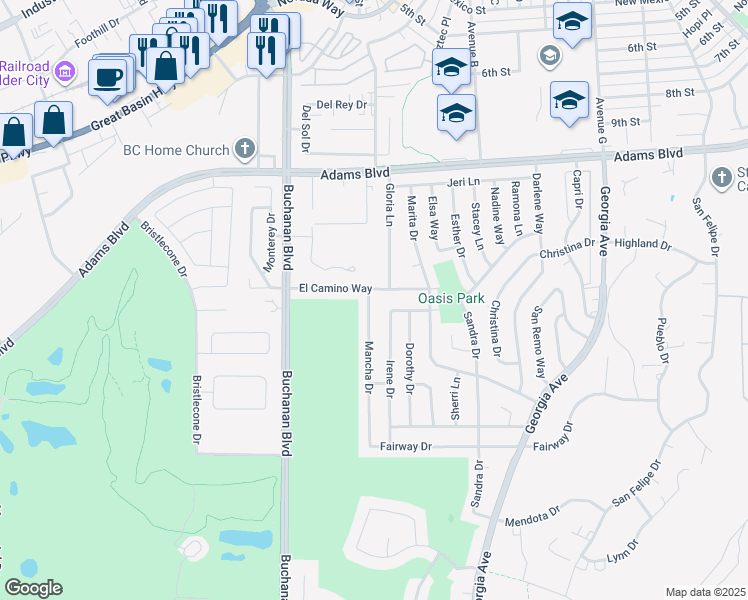 map of restaurants, bars, coffee shops, grocery stores, and more near 1503 Mancha Drive in Boulder City