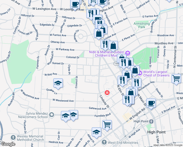 map of restaurants, bars, coffee shops, grocery stores, and more near 314 West Ray Avenue in High Point