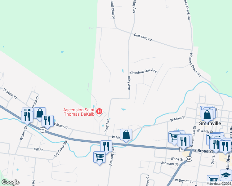 map of restaurants, bars, coffee shops, grocery stores, and more near 301 Riley Avenue in Smithville