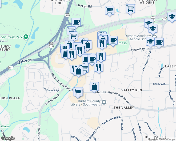 map of restaurants, bars, coffee shops, grocery stores, and more near 4151 University Drive in Durham