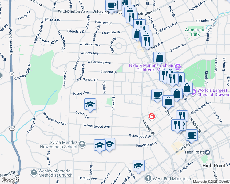 map of restaurants, bars, coffee shops, grocery stores, and more near 1102 Council Street in High Point