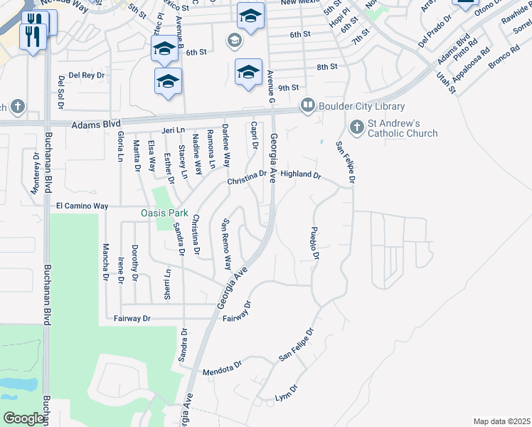map of restaurants, bars, coffee shops, grocery stores, and more near 1330 Georgia Avenue in Boulder City