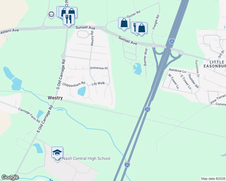 map of restaurants, bars, coffee shops, grocery stores, and more near 4587-4599 Lily Walk in Rocky Mount