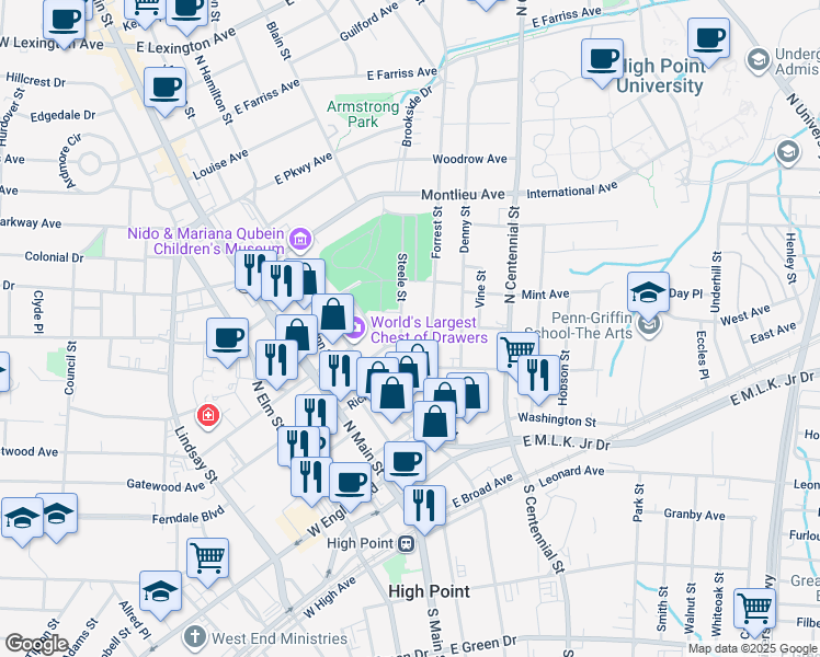 map of restaurants, bars, coffee shops, grocery stores, and more near 413 Forrest Street in High Point
