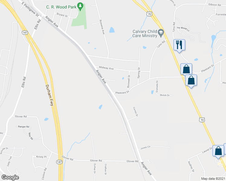 map of restaurants, bars, coffee shops, grocery stores, and more near 3433 Angier Avenue in Durham