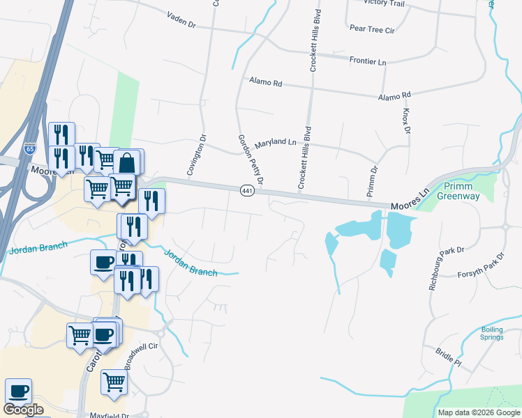 map of restaurants, bars, coffee shops, grocery stores, and more near 8200 Suzanne Drive in Brentwood