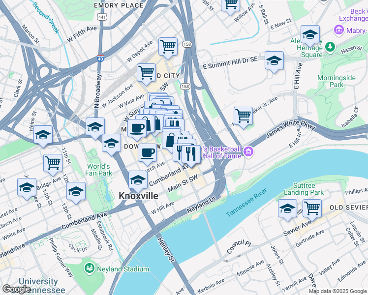 map of restaurants, bars, coffee shops, grocery stores, and more near 209 West Church Avenue in Knoxville