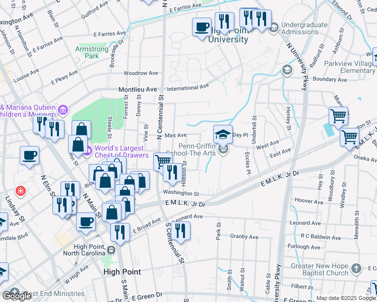 map of restaurants, bars, coffee shops, grocery stores, and more near 400 Hobson Street in High Point