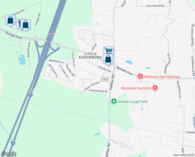 map of restaurants, bars, coffee shops, grocery stores, and more near 4200 Jacobs Avenue in Rocky Mount