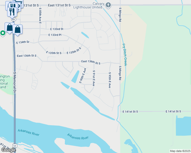 map of restaurants, bars, coffee shops, grocery stores, and more near 13719 South 91st East Avenue in Bixby