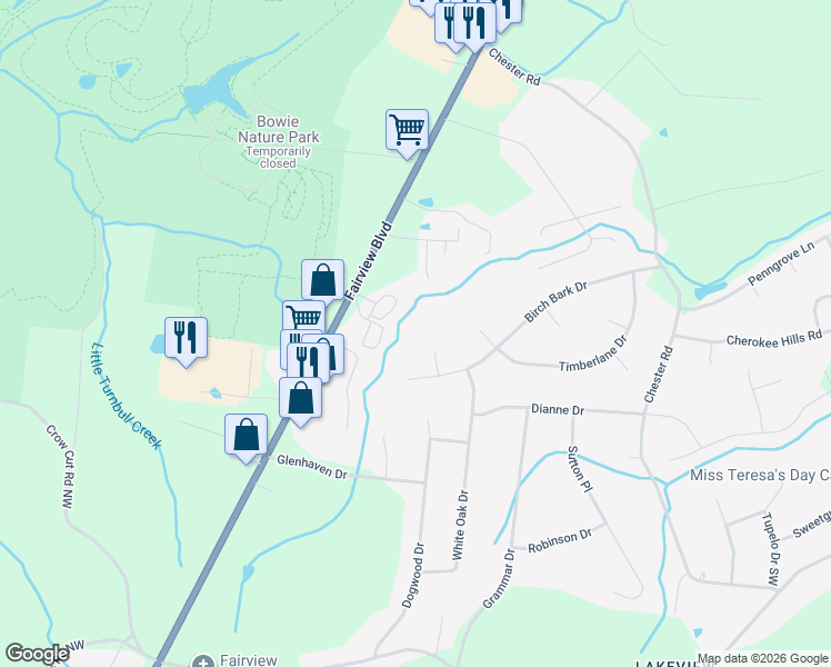 map of restaurants, bars, coffee shops, grocery stores, and more near 7111 Red Maple Court in Fairview