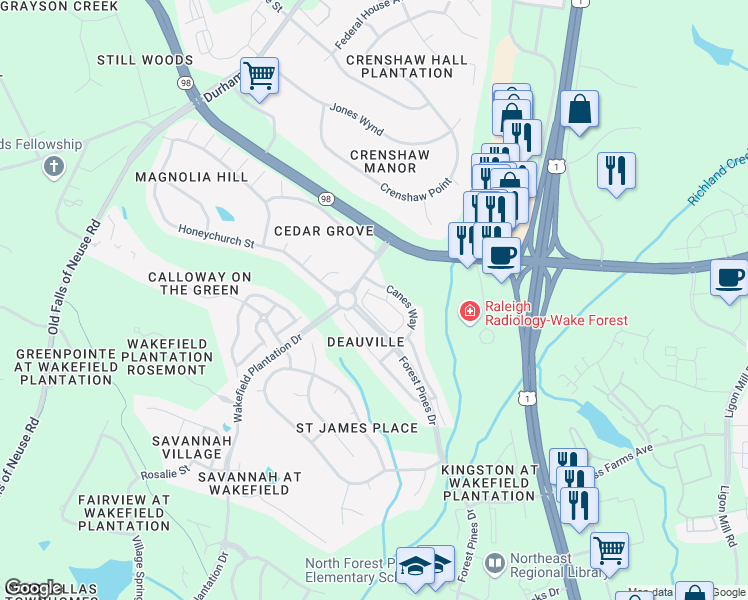 map of restaurants, bars, coffee shops, grocery stores, and more near 3507 Archdale Drive in Raleigh