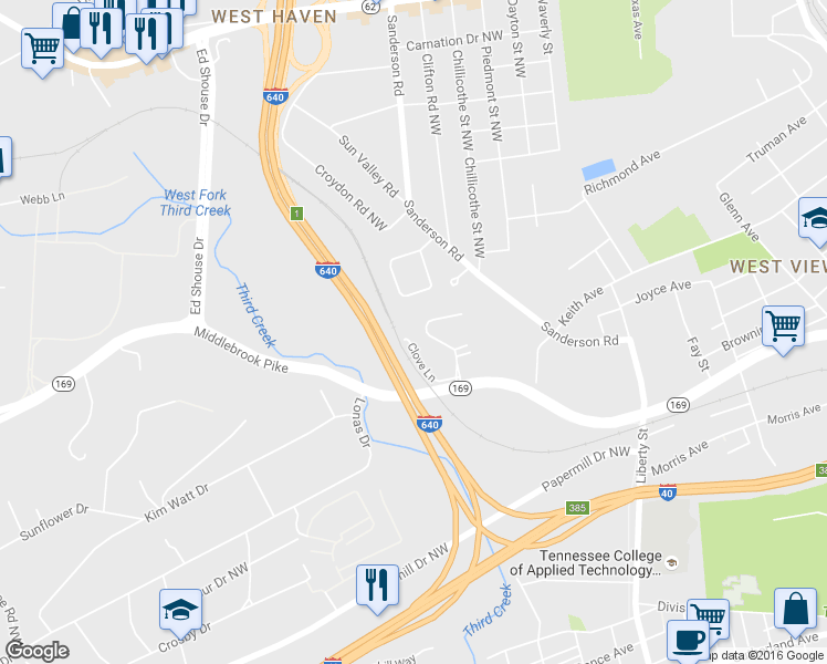 map of restaurants, bars, coffee shops, grocery stores, and more near 1954 Clove Lane in Knoxville