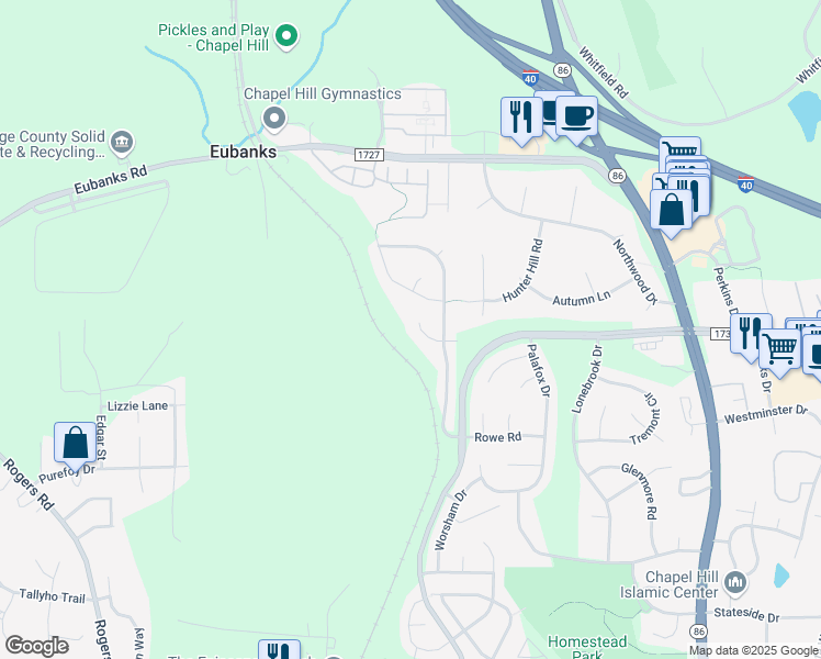 map of restaurants, bars, coffee shops, grocery stores, and more near 109 Butterfield Court in Chapel Hill