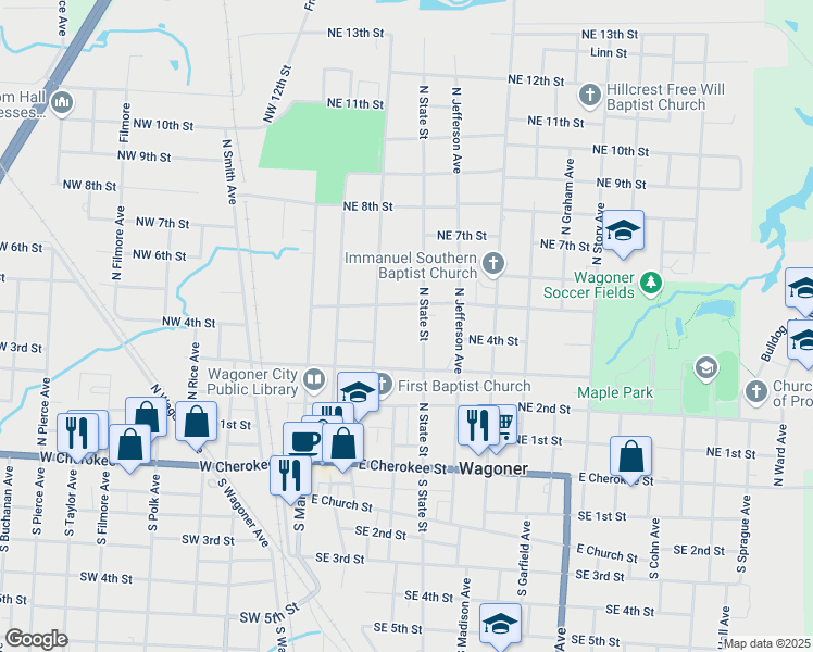 map of restaurants, bars, coffee shops, grocery stores, and more near 507 North State Street in Wagoner