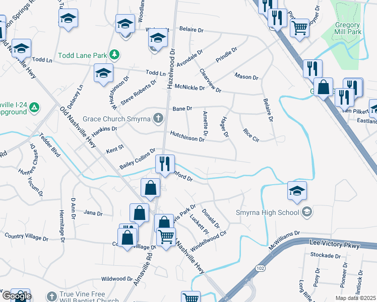map of restaurants, bars, coffee shops, grocery stores, and more near 109 Bailey Collins Drive in Smyrna