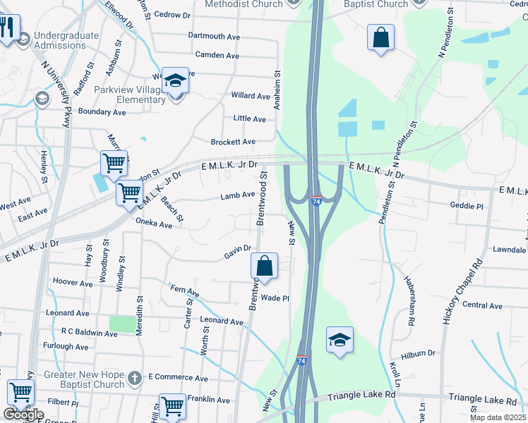 map of restaurants, bars, coffee shops, grocery stores, and more near 225 Brentwood Street in High Point