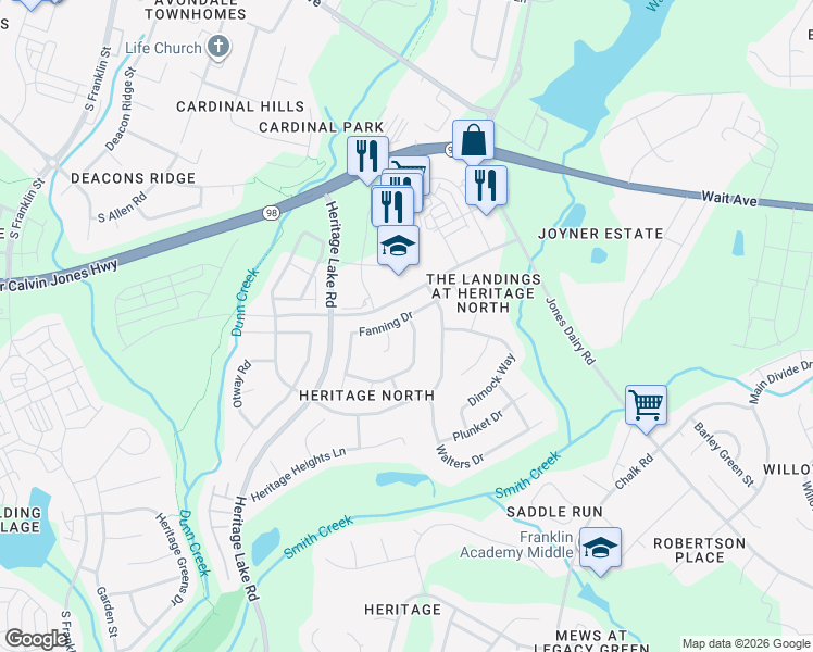 map of restaurants, bars, coffee shops, grocery stores, and more near 300 Stearns Way in Wake Forest