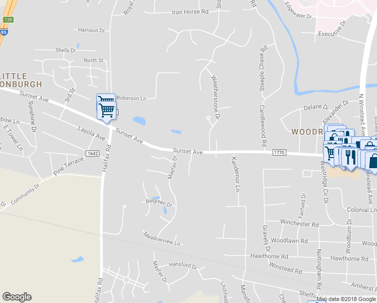 map of restaurants, bars, coffee shops, grocery stores, and more near 3924 Sunset Avenue in Rocky Mount