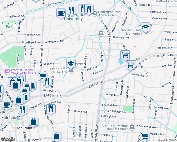 map of restaurants, bars, coffee shops, grocery stores, and more near 1312 West Avenue in High Point