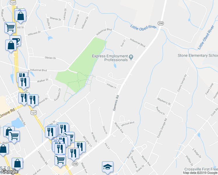 map of restaurants, bars, coffee shops, grocery stores, and more near 123 Village Lane in Crossville