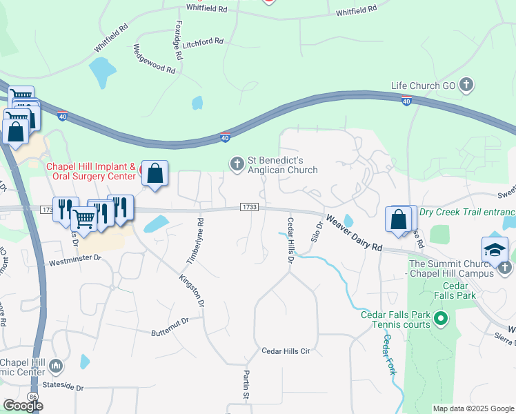 map of restaurants, bars, coffee shops, grocery stores, and more near Weaver Dairy Road in Chapel Hill