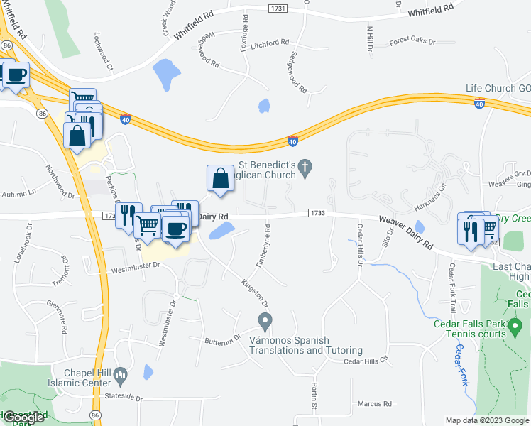 map of restaurants, bars, coffee shops, grocery stores, and more near 137 Kingsbury Drive in Chapel Hill