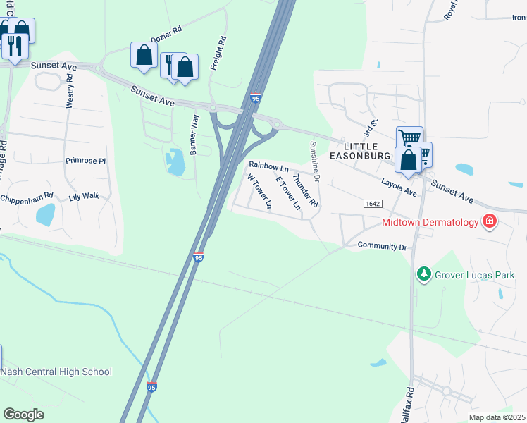 map of restaurants, bars, coffee shops, grocery stores, and more near 525 Sunshine Drive in Rocky Mount