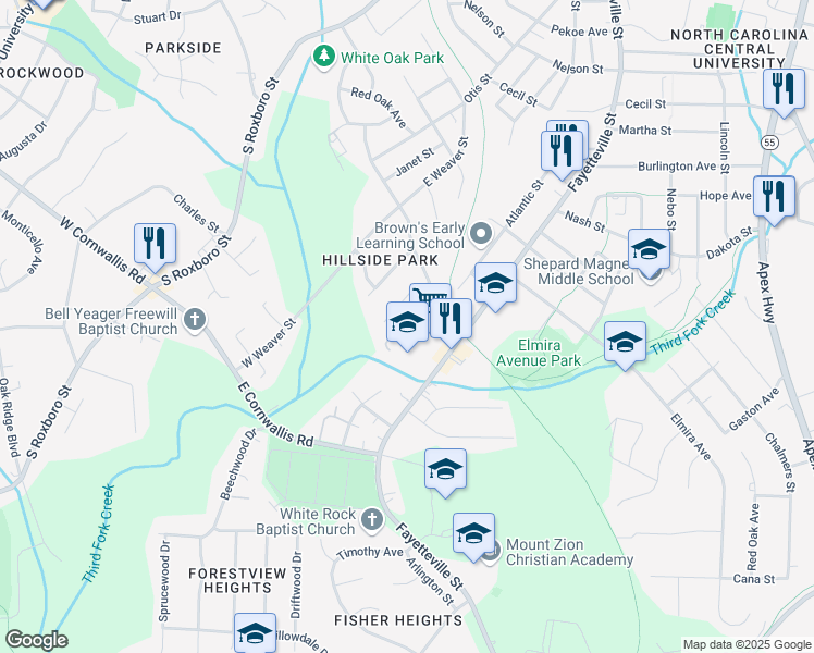 map of restaurants, bars, coffee shops, grocery stores, and more near 412 East Pilot Street in Durham