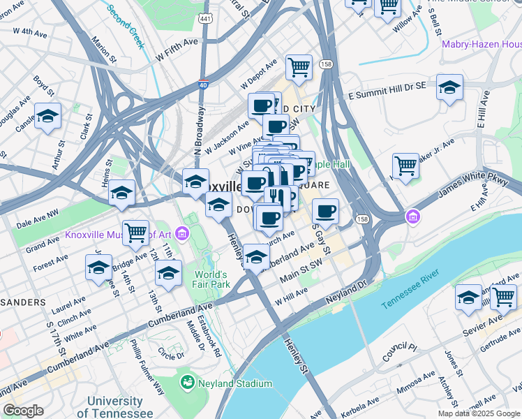 map of restaurants, bars, coffee shops, grocery stores, and more near in Knoxville