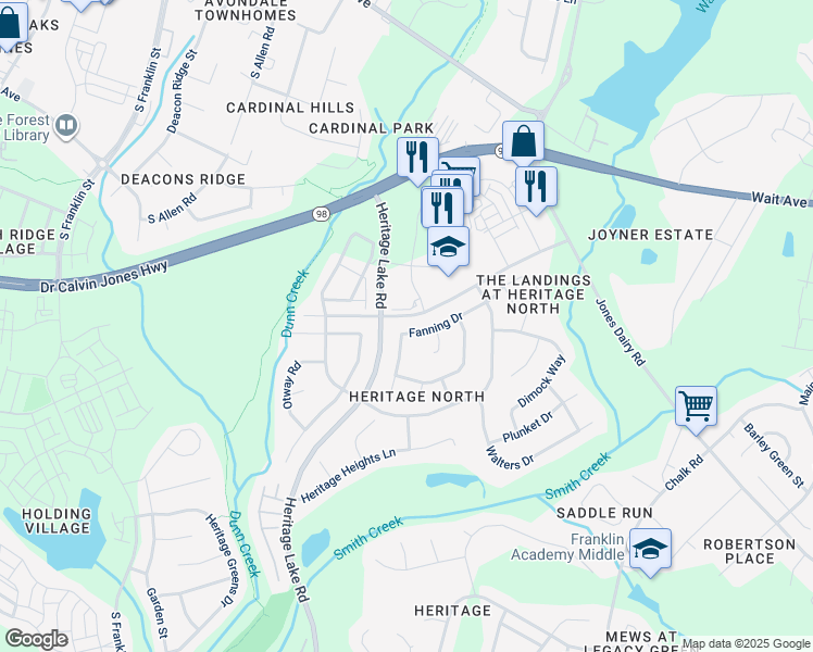 map of restaurants, bars, coffee shops, grocery stores, and more near 1205 Fanning Drive in Wake Forest