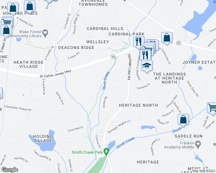 map of restaurants, bars, coffee shops, grocery stores, and more near 1013 Wilt's Dairy Point in Wake Forest