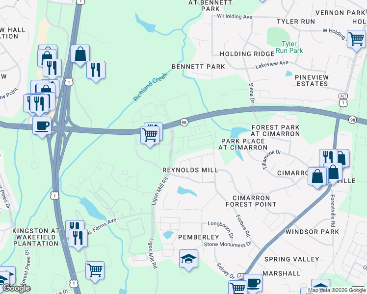 map of restaurants, bars, coffee shops, grocery stores, and more near 1600 Penstock Lane in Wake Forest