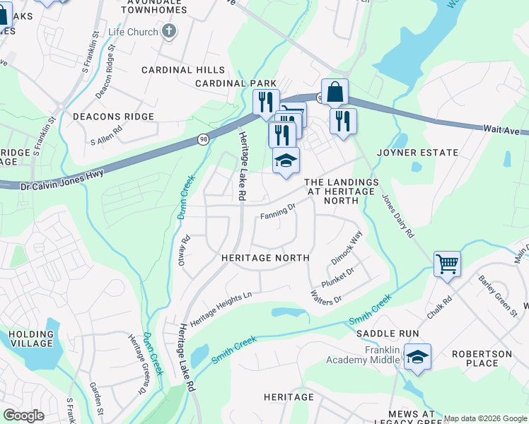 map of restaurants, bars, coffee shops, grocery stores, and more near 1209 Fanning Drive in Wake Forest
