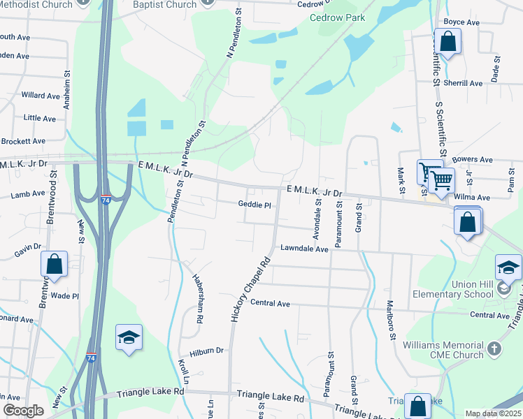 map of restaurants, bars, coffee shops, grocery stores, and more near 2312 Geddie Place in High Point