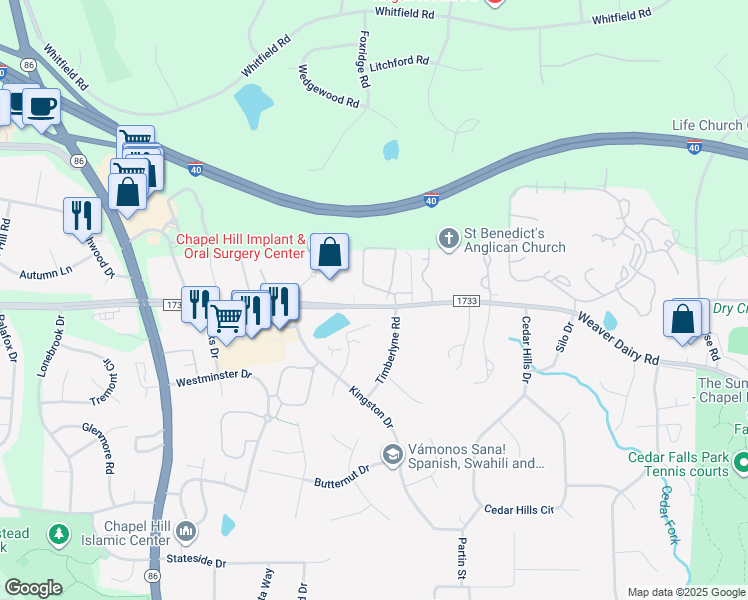 map of restaurants, bars, coffee shops, grocery stores, and more near 119 Kingsbury Drive in Chapel Hill