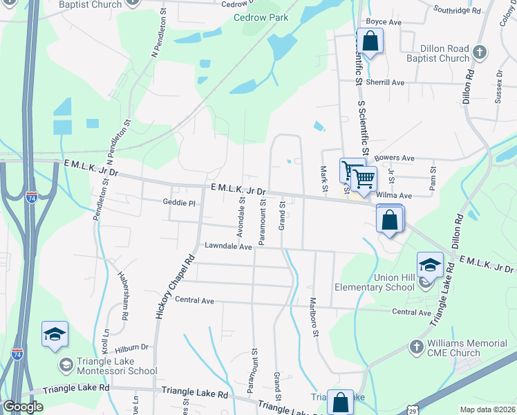 map of restaurants, bars, coffee shops, grocery stores, and more near 208 Paramount Street in High Point