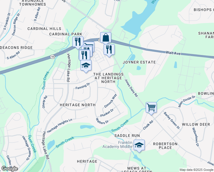 map of restaurants, bars, coffee shops, grocery stores, and more near 517 Hammond Oak Lane in Wake Forest