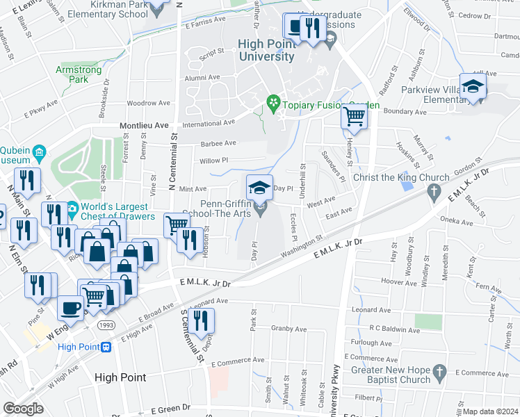 map of restaurants, bars, coffee shops, grocery stores, and more near 1196 Day Place in High Point